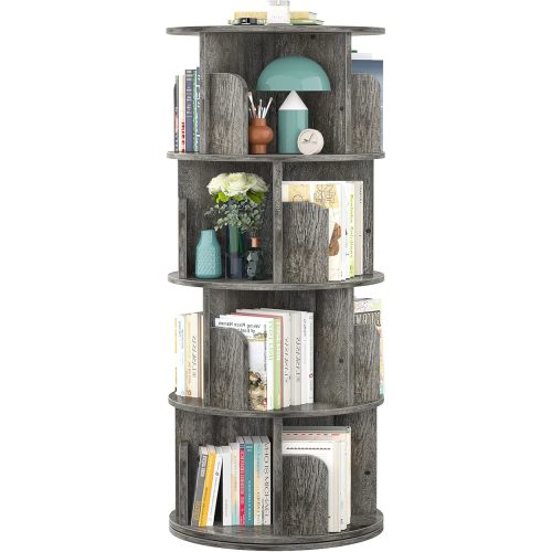 Aheaplus Rotating Bookshelf, 360 Display Corner Bookshelf for Small Space, 4 Tier Floor Standing Bookcase Storage Rack, Wood Narrow Book Shelf Organizer for Bedroom, Living Room, Study Room, Grey Oak