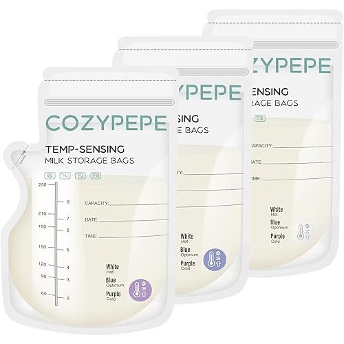 100 Pcs Breastmilk Storage Bags, 8Oz Breast Milk Storing Bag with Pour Spout, Temperature-Sensing Color Change Milk Bag for Convenient Breastfeeding, No Leak Presterilized for Freezer
