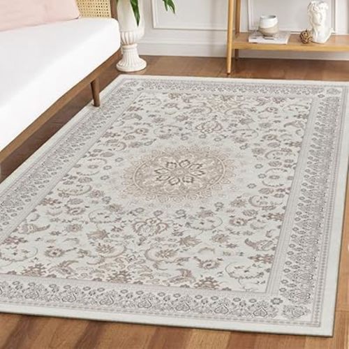 Artoid Mode Beige Traditional Medallion Border Area Rug, Home Decor Low-Profile Area Rugs for Entryway Bedroom Living Room Laundry Room Indoor 5x7 Feet