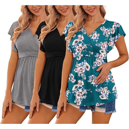 Ekouaer Maternity Shirts 3 Packs Flying Short Sleeve Nursing Tops Pregnancy Clothes