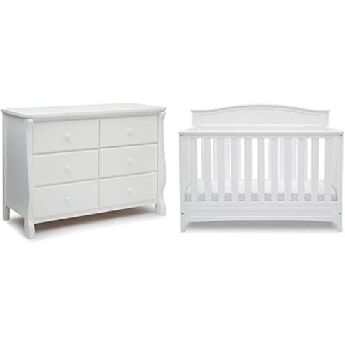 Delta Children Universal 6 Drawer Dresser with Interlocking Drawers - Greenguard Gold Certified, White & Emery 4-in-1 Convertible Baby Crib - Greenguard Gold Certified, White