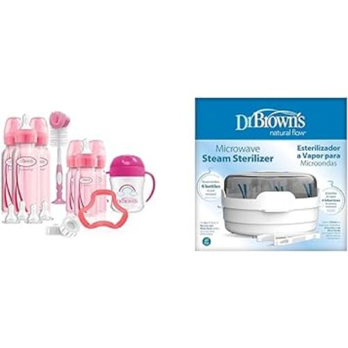 Dr. Brown's Anti-Colic Pink Baby Bottle Gift Set with 3 8oz & 3 4oz Bottles, Nipples, Cup, Teether, Brush & Microwave Steam Sterilizer for Bottles & Parts