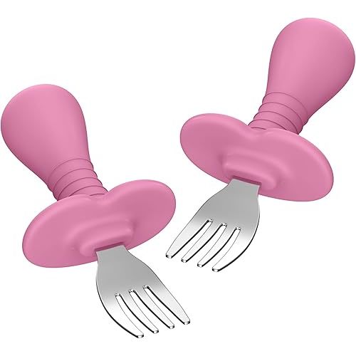 Baby Fork Toddler Forks for Self Feeding, Kids Forks with Silicone Round Handle, Stainless Steel Toddler Utensils Children Safe Silverware Set, Anti-Choke Design, BPA Free - Pink