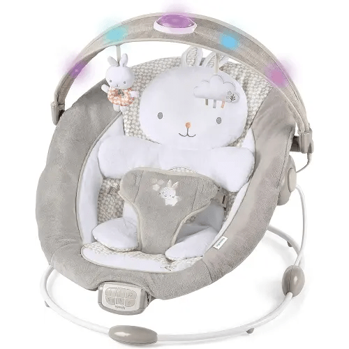 Ingenuity InLighten Baby Bouncer Infant Seat with Light Up -Toy Bar, Vibrations, Tummy Time Pillow & Sounds, 0-6 Months Up to 20 lbs (Twinkle Tails Bunny)