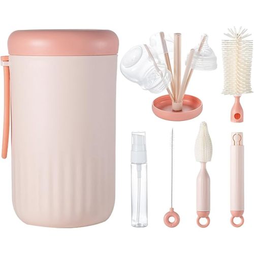 Travel Bottle Cleaner Kit, 6-in-1 Baby Bottle & Accessory Brush Set, Drying Rack, Organizer, Pink - Baby Travel Essentials & Gifts for New Moms