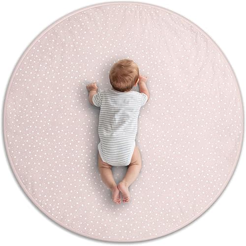 Byrd & Blume Round Baby Play Mat, Organic Cotton Soft Padded Nursery Floor Mat, Safe Hypoallergenic Baby Mat, Reversible, Foldable, Portable Infant Tummy Time Mat Fits Tents & Playpens (40"x40") Pink