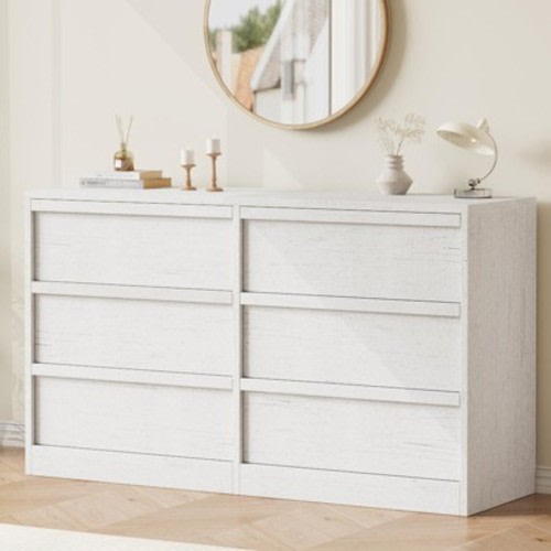 Garvee Modern Double Dresser Organizer with 6 Drawers Large Storage, Wooden Chest of Drawers for Living Room, Bedroom, Nursery, Hallway - White