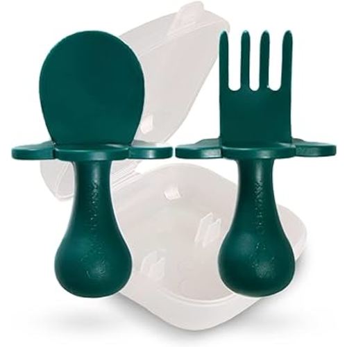 Grabease Baby Feeding Utensils Set - Infant and Baby Fork and Spoon for Ages 1-11 Months, BPAs and Phthalate-Free Cutlery, Plastic, 1 Set, Green