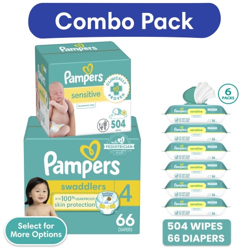 Pampers Swaddlers Diapers, Size 4, 66 Count and Pampers Sensitive Baby Wipes 6-Pack 504 Wipes (Select for More Options)