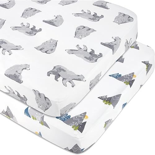 Standard Microfiber Fitted Crib Sheets for Baby Girl, Boy & Neutral, 2 Pack - 28x52 Crib Essentials (Bears & Mountains)