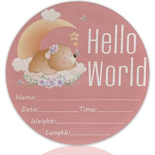 Hello World Birth Announcement 6" Round Birch Wood Newborn Sign for Nursery Hospital & Baby Shower, Personalized Baby Name Plaque, Keepsake Décor Gift for New Parents (Pink Moon Bear)