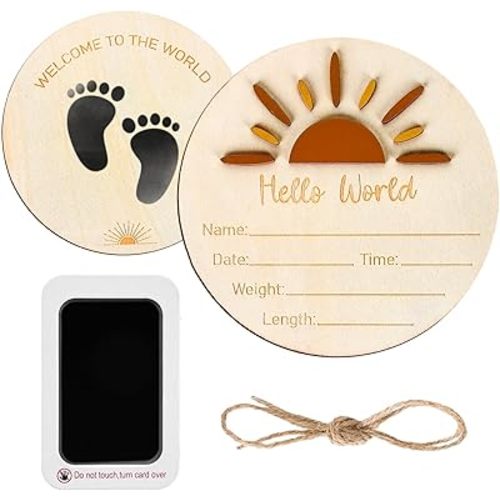 Whaline Boho Baby Announcement Sign with Rope Ink Pad 3D Hello World Newborn Sign for Hand and Footprints Adorable Sunshine Wooden Baby Name Sign Announcement Board for Hospital Baby Shower Photo Prop