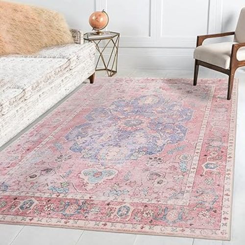 Area Rugs 5x7 - Honeycomb Non Slip Washable Rug Vintage Accent Medallion Bedroom Rug Foldable Rugs for Living Room Nursery Room Dorm Kids Playroom(Ocean/Pink)