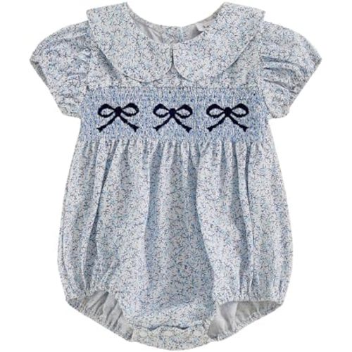 Newborn Baby Girl Romper Bow Embroidery Peter Pan Collar Short Sleeve Bubble Bodysuit Summer Clothes