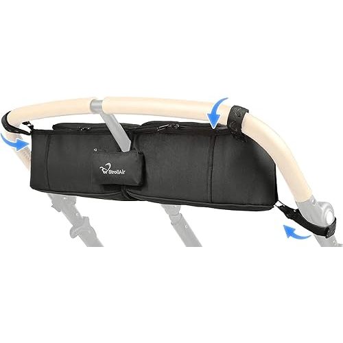 StrollAir - Universal Best Double Parent Stroller Organizer Caddy Insulated Cup Holder Console side-by-side Mountain Buggy TWIN WAY Bob Duallie Baby Jogger City Mini GT – Black