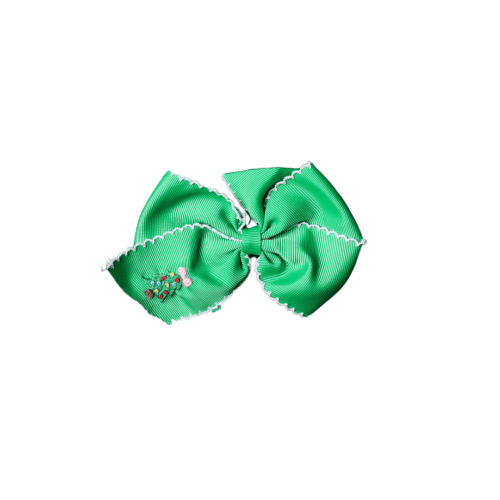 Embroidered Christmas Tree Scalloped Edge Grosgrain Bow Green/White