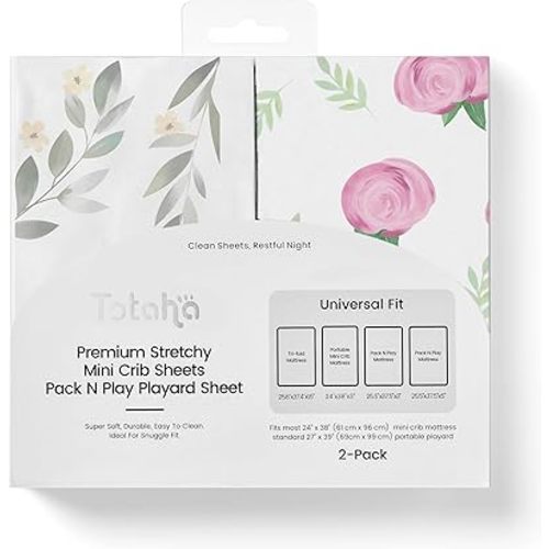TotAha Premium Stretchy Pack N Play Playard Sheets | Mini Crib Sheets (2-Pack) -Hypoallergenic, Silky Comfort, Buttery Soft, Calming Effect, All-Season Jersey-Knit (Pink Buds & Green Leaves)