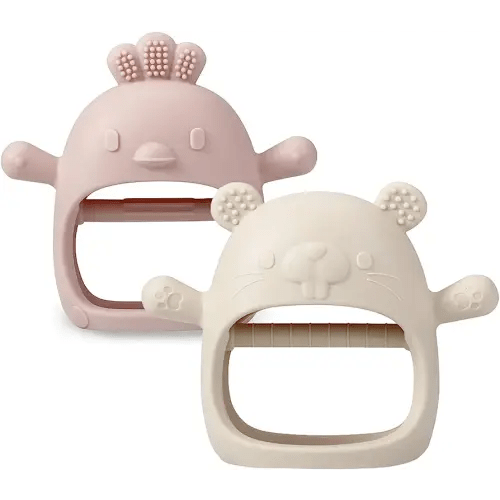 PandaEar 2 Pack Silicone Baby Teething Toys| Baby Hand Teether Mitten for Sucking Needs| Baby Chew Toys Hand Pacifier for Soothing Teething Pain Relief (White/Pink)
