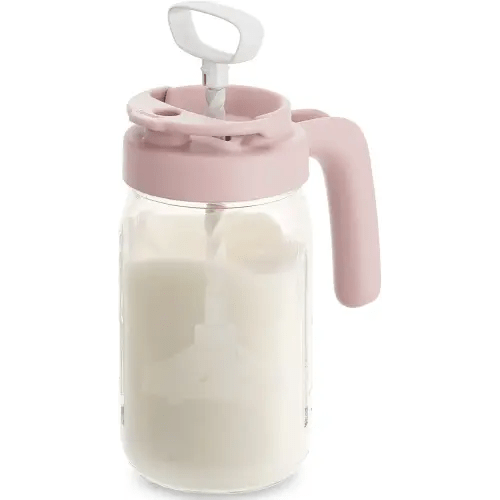 Papablic Glass Formula Mixing Pitcher, Breastmilk Pitcher with Mixing Handle Lid, 32 Oz Wide Mouth Mason Jar Mixer with Flip Locking Spout, Easy to Clean, BPA Free, Pink