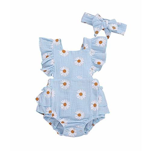 Baby Girls Floral Cotton Leotard Romper Newborn Daisy Playsuits Ruffled Sleeve Onesie Infant Jumpsuit Clothes Headband
