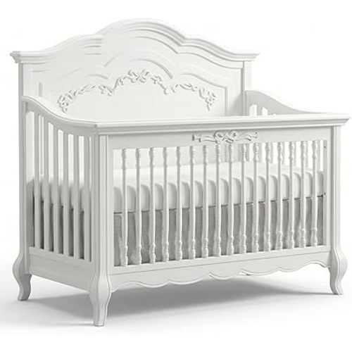 Evolur Aurora 5-in-1 Convertible Full-Size Baby Crib in Frost, GreenGuard Gold & BSA, 3 Mattress Heights, Ribbon Bow Scrollwork & Queen Anne Feet, Converts to Toddler, Day & Full-Size Bed