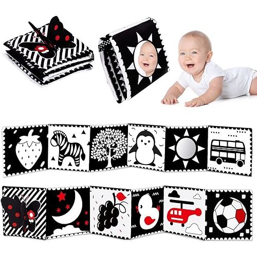 Baby Toys 0-3 Months: Black and White High Contrast Baby Toys 0-6 Months, Baby Soft Cloth Book Tummy-Time Toys with Mirror for Babies Infants 6-12 Months, Brain Development Baby Newborn Toys Gift
