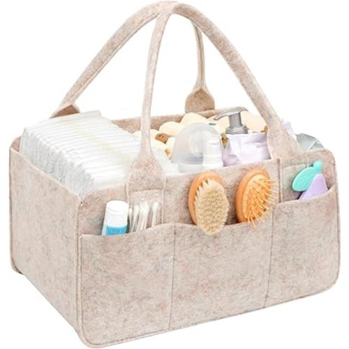 Lifewit Felt Diaper Caddy Organizer with Handle, Portable Baby Nappy Storage Basket Bag with Detachable Divider, Newborn Essentials for Nursery, Changing Table, Car, Regular, Oatmeal, 12.5"×9.1"×7.1"