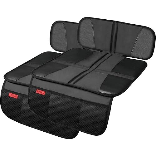 Car Seat Protector - Seat Protection Mat - Thick Padding - Durable, Waterproof Fabric, Leather Reinforced Corners & 3 Pockets for Handy Storage (2 Pack) Black