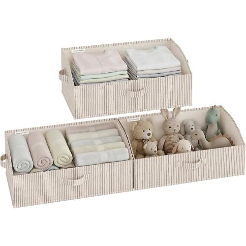 StorageWorks Closet Storage Bins, Trapezoid Organizer Box for Shelves, Fabric Clothes Bin, Foldable Organizing Baskets with Handles, Large, Khaki and Beige Stripes, 3-Pack