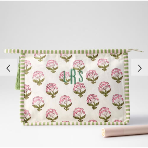 Block Print Canvas Pouch - White-Pink