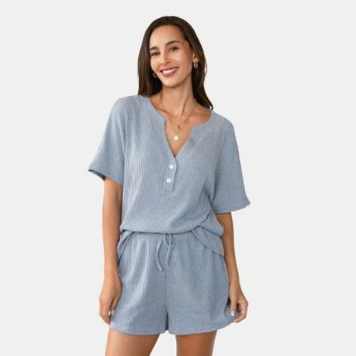 Women's Slate Ribbed Short Sleeve Tee & Shorts Pajama Set - Cupshe-m-blue