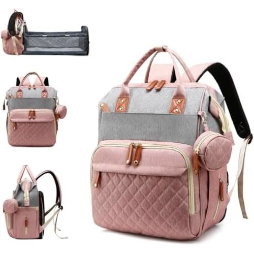 Diaper Bag with Changing Station, Waterproof 3 in 1 Baby Diaper Backpack with Foldable Changing Pad, Large Travel Back Pack for Girl Boy, Pink-Grey