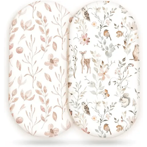 Stretchy Ultra Soft Fitted Bassinet Sheet Set 2 Pack, Universal Fit for Bassinets Baby Cradle Moses Basket Oval Rectangle Mattress Safe and Snug, Beautiful Blush Pink Floral and Cute Animals Print