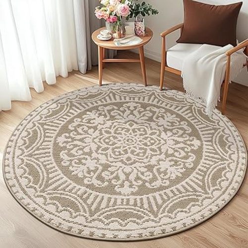 U'Artlines 4 ft Round Area Rug, Washable Non Slip Kitchen Laundry Rug with Rubber Backing, Low Pile Carpet Runner for Entryway Bedroom Living Room Kitchen Farmhouse Floor Mat(Beige)