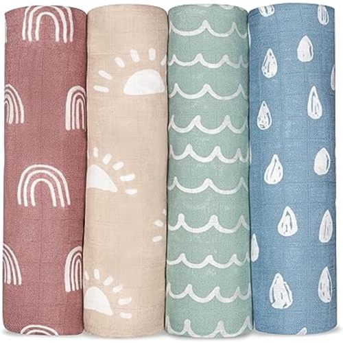 Comfy Cubs Muslin Swaddle Blankets Pack of 4, 47 x 47 Inches, Soft Cotton Baby Blanket Set, Large Multipurpose Swaddling Wraps for Newborns - Self-Soothing Swaddle - Sun, Rainbow, Rain, Doodle