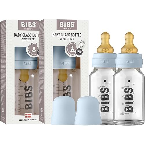 Bibs Baby Glass Bottle | Newborn Anti-Colic Baby Bottles | Borosilicate Glass with a Natural Vented Round Natural Rubber Latex Nipple | Consistent Flow Rate | 3.7 oz/110 ml | 2 Pack | Baby Blue