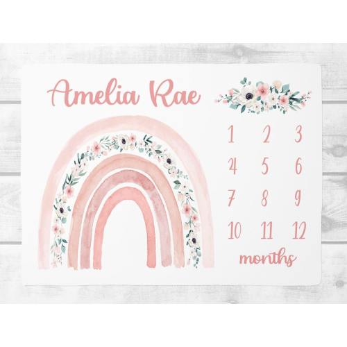 Rainbow Baby Milestone Blanket Girl, Floral Boho Rainbow Baby Month Blanket, Personalized Baby Girl Shower Gift, Baby Girl Boho Nursery M552