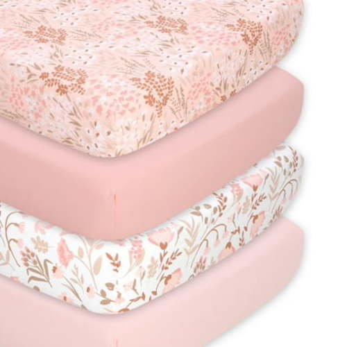The Peanutshell Whimsical Pink Floral Microfiber 4 Pack Crib Sheets for Baby Girls
