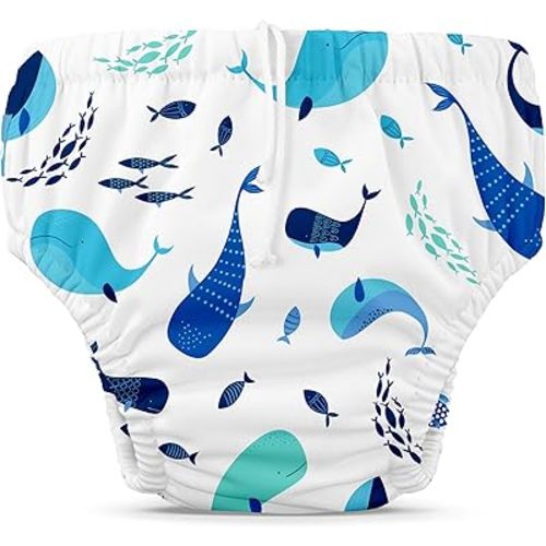 Charlie Banana Reusable Swim Diaper, Washable, Adjustable Drawstring Diaper for Baby Girls Boys, Waterproof Fit to Prevent Leaks - The Whale on White, Size XS (9-14 lbs.)