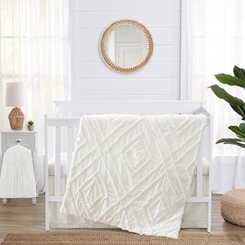 Sweet Jojo Designs 4-Piece Baby Crib Bedding Set (Off White Boho Chic Cotton) for Boys or Girls, Infants/Nursery incl. Blanket, Fitted Sheet, Skirt, Diaper Stacker (Gender Neutral, Modern Shabby Chic)