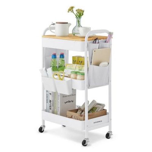 Songmics 3-tier Storage Cart, Rolling Utility Cart With Table Top, 2 Removable Hanging Cups, 6 Side Pockets, Craft Cart, Cloud White