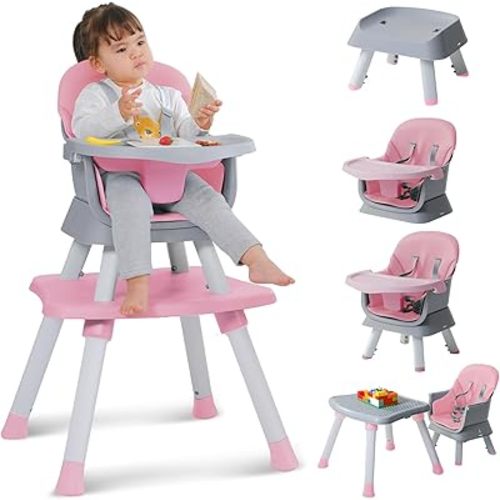 Baby High Chair,8 in 1 High Chairs for Babies and Toddlers,Convertible High Chair for Baby, Kids Learning Table,Building Block Table,Kids Stool Table Chair Set with Removable Tray(Pink)