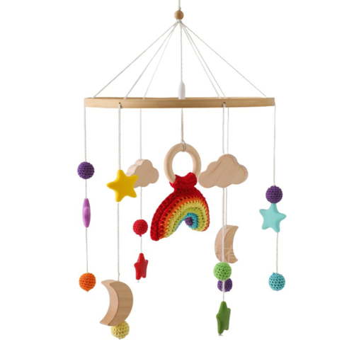 Wooden Baby Crib Bell – Rotating Wind Chime Mobile with Crochet Rainbow & Rocket Pendants, Soothing Hanging Toy for Newborns & Infants