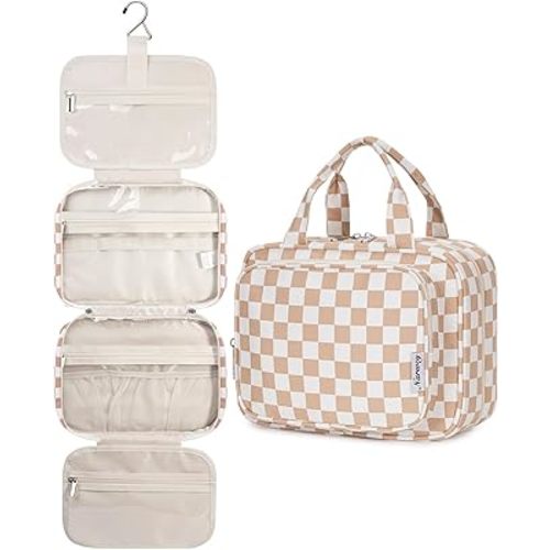 Narwey Hanging Toiletry Bag for Women Travel Makeup Bag Organizer Toiletries Bag for Travel Size Essentials Accessories Cosmetics (Light Checkerboard (Medium))