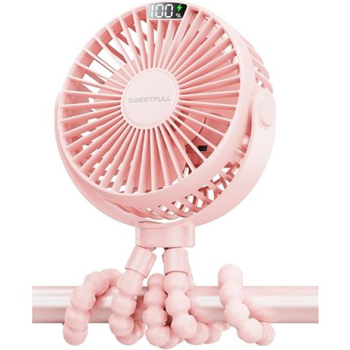 SWEETFULL Portable Stroller Fan, with Display 4000mAh Battery Powered Mini Clip On Fan, 4-Speed Rechargeable Small Personal Fan Handheld Desk Cooling Fan for Baby Car Seat Crib Travel Pink