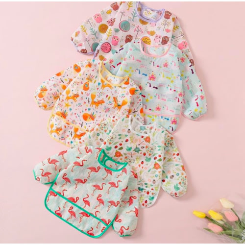 5 Pack Long Sleeve Bib,Baby Toddler Waterproof Sleeved Bib for 6-30 Months Reusable with Catch-all Pocket