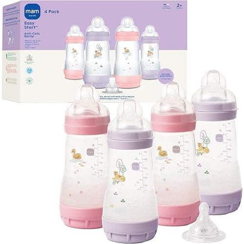 MAM 9oz Easy Start Anti-Colic Baby Bottles, Medium Flow with Bonus Fast Flow Nipple, Breastfeeding-Like Silicone, Reduces Colic and Gas, Easy-to-Clean, BPA-Free, 2 Plus Months