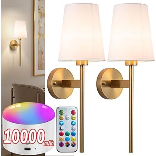 Battery Operated Wall Sconce with Remote,White Fabric Shade Wall Sconce Set Of 2 Battery Powered Sconces Wall Lighting Indoor Wireless Dimmable Wall Lamp with 3 Color Temp Bulb for Bedroom Living Room