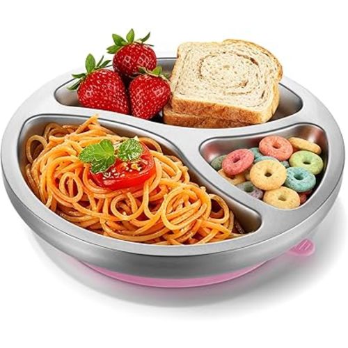 Stainless Steel Toddlers Plates with Silicone Suction, 8" Divided Plates, BPA-Free, Dishwasher Safe, Unbreakable, Non-Toxic, for Baby Led Weaning Supplies(Pink)