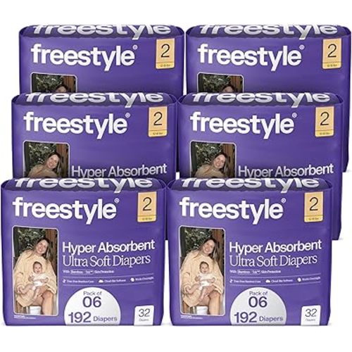 Freestyle BambooTek Diapers – (Size 2) Hyper Absorbent & Non-Toxic – Disposable Diapers for Sensitive Skin – Ultra Soft Diapers (12-18 lbs) – 192 Count